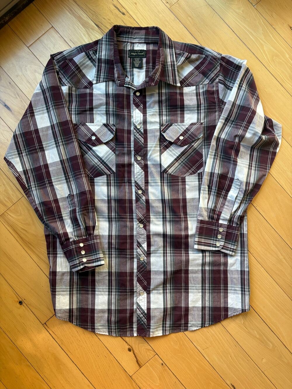 High Noon Men's Pearl Snap Western Plaid Shirt Maroon / Grey
